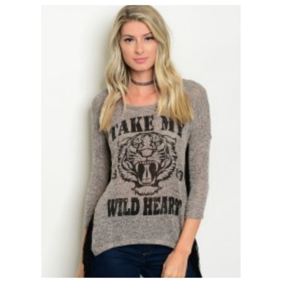 Tan Black Fringe Take My Wild Heart Graphic Tiger Print Slub Top Vintage Style - Picture 9 of 12